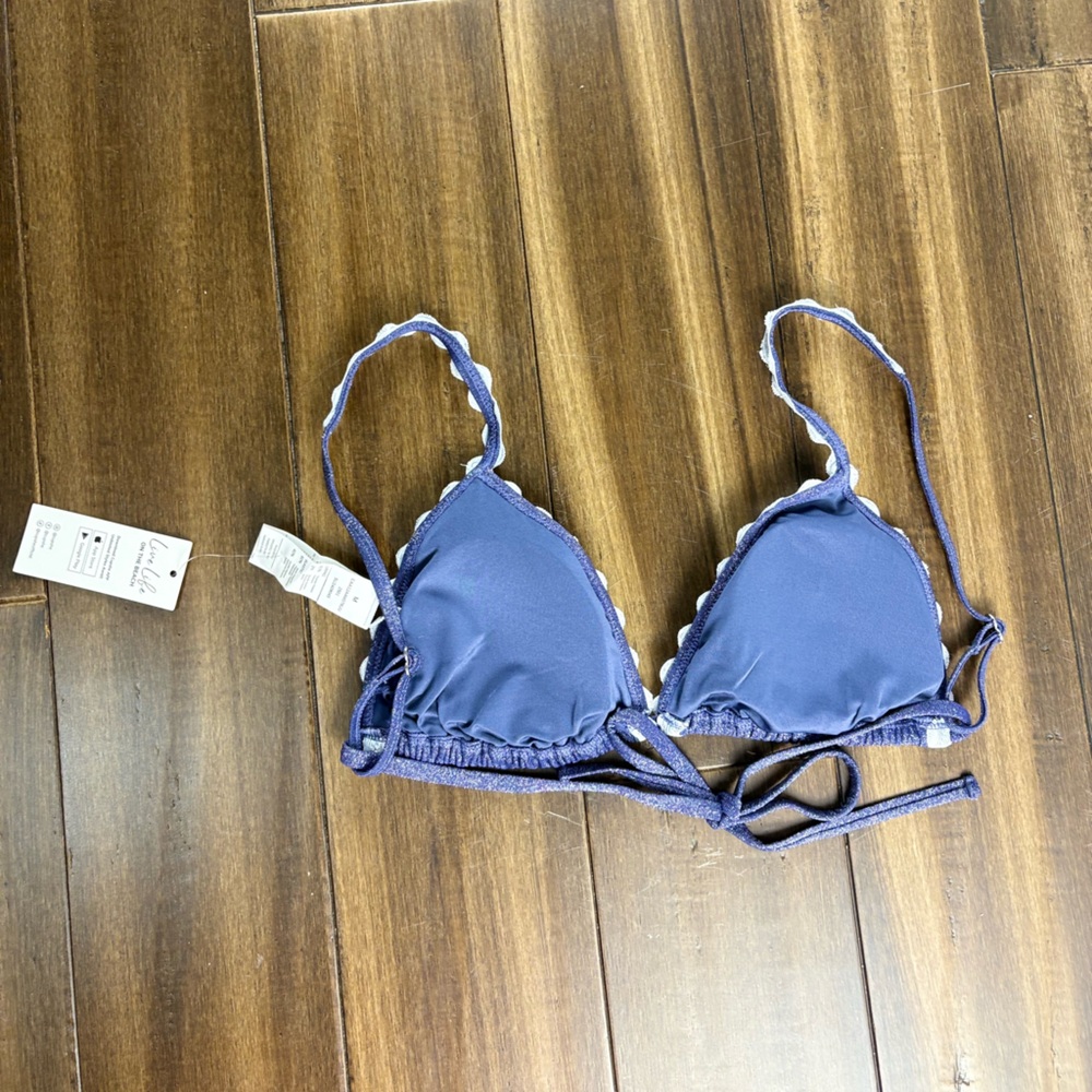 NWT Sz M TOP Dazzling Triangle Navy Blue and White Scalloped Bikini - Picture 7 of 11